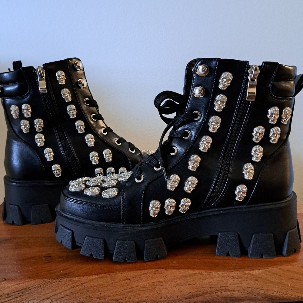 Azalea Wang Black Embellished Diamond Rhinestone Skull Platform Combat Boot